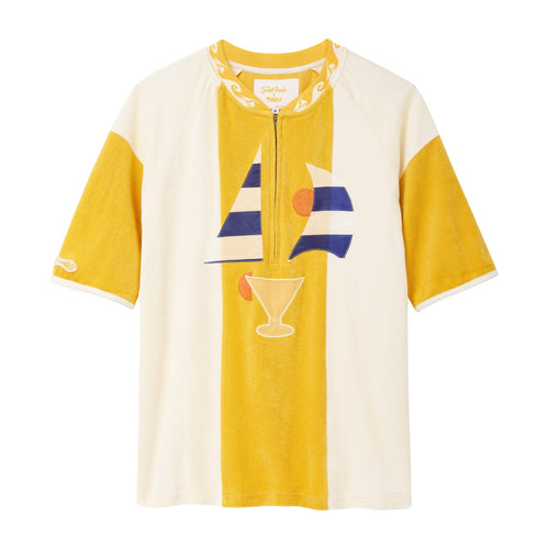 Yellow and white shirt with graphic design on a white background