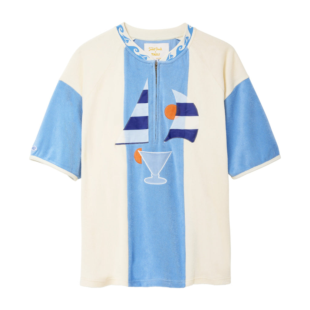 Raglan cabana shirt with sailboat and cocktail design on a white background