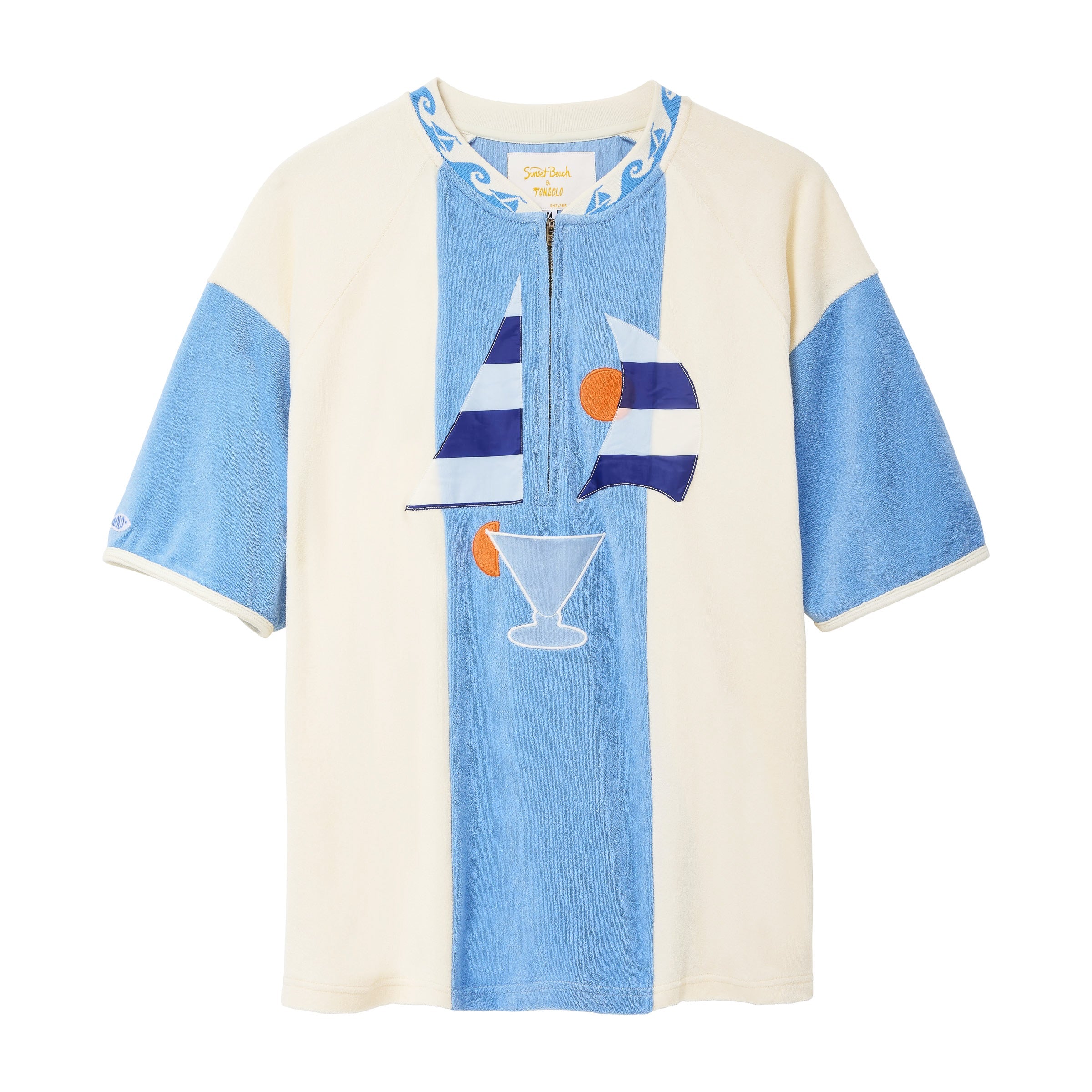 Raglan cabana shirt with sailboat and cocktail design on a white background