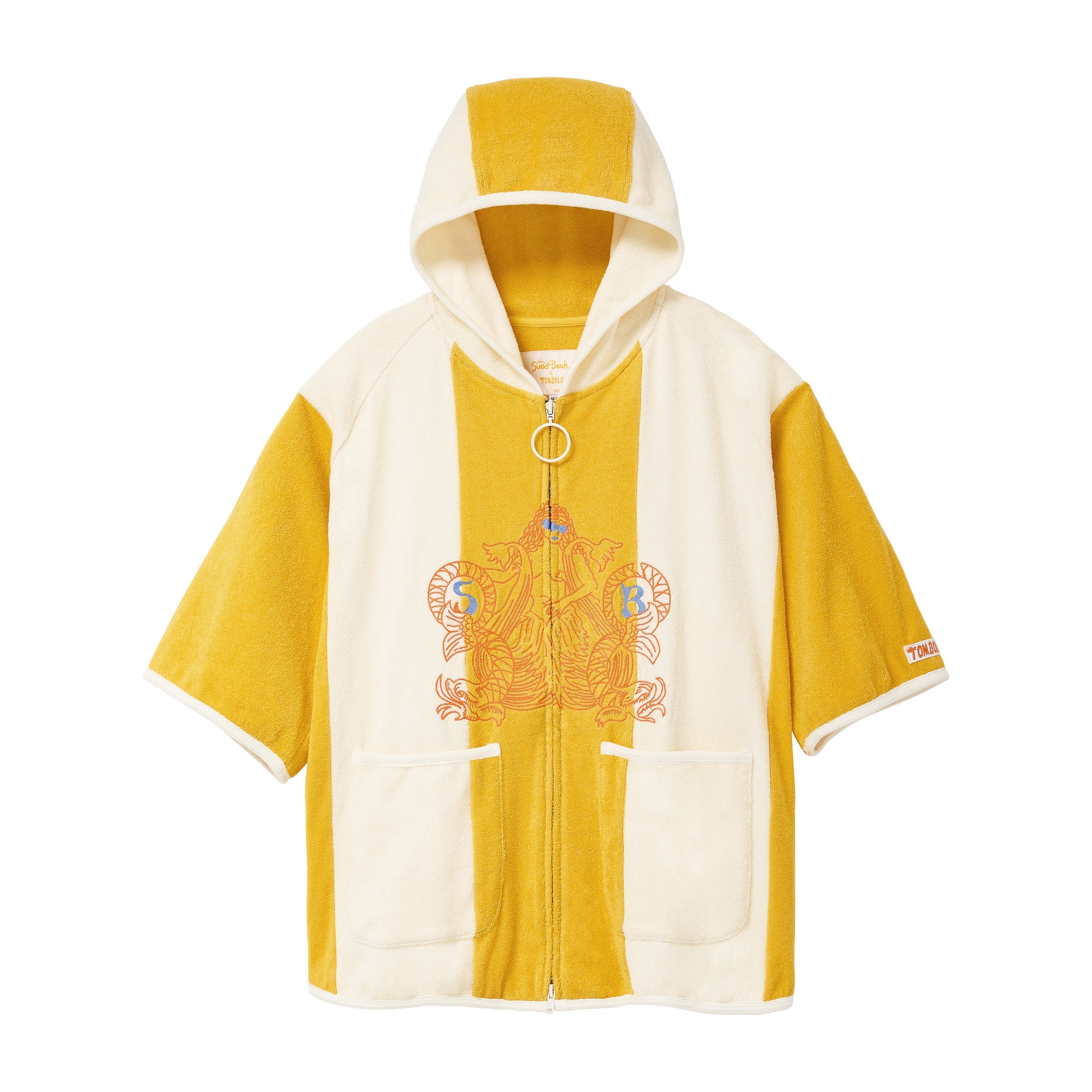 Yellow and white poncho with a brand logo on a white background