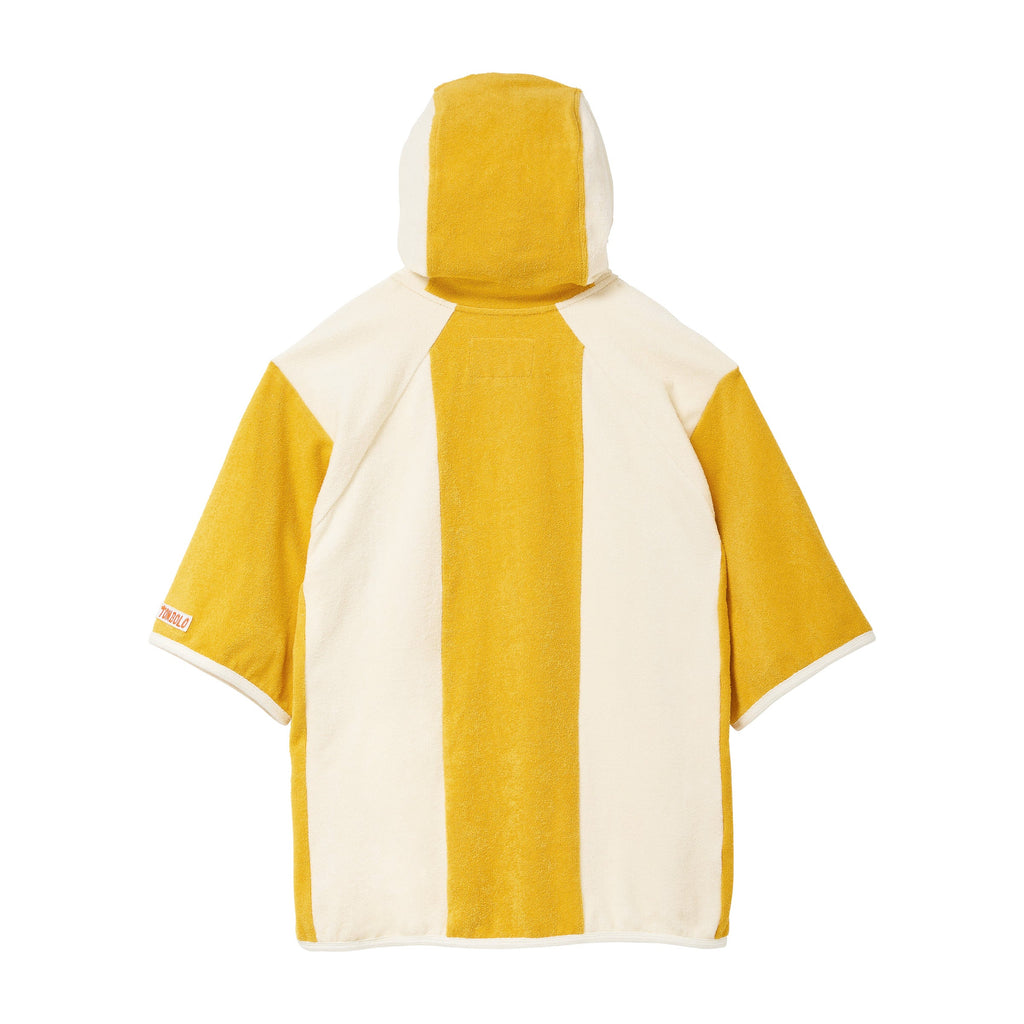 Back of yellow and white hooded poncho on a white background