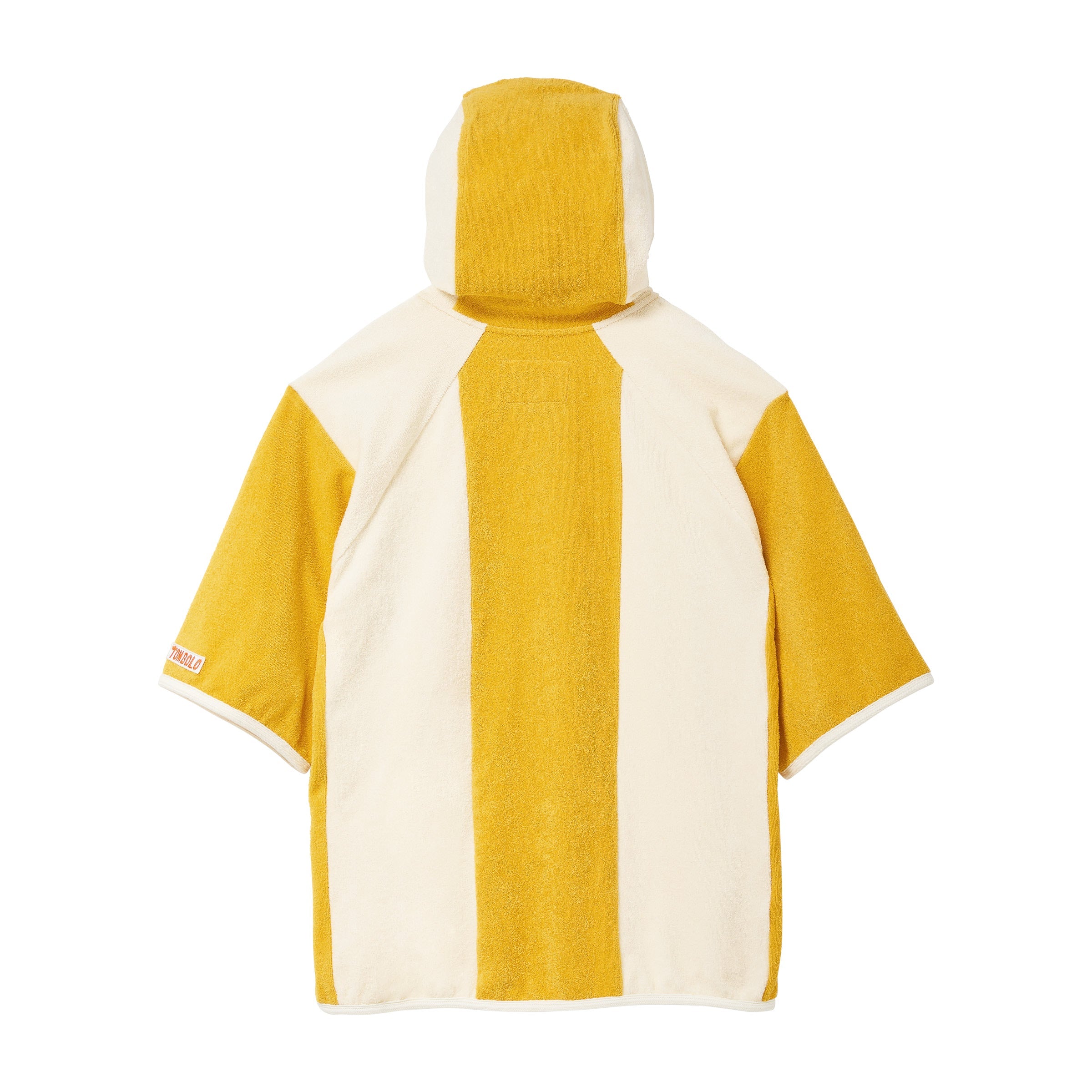 Back of yellow and white hooded poncho on a white background