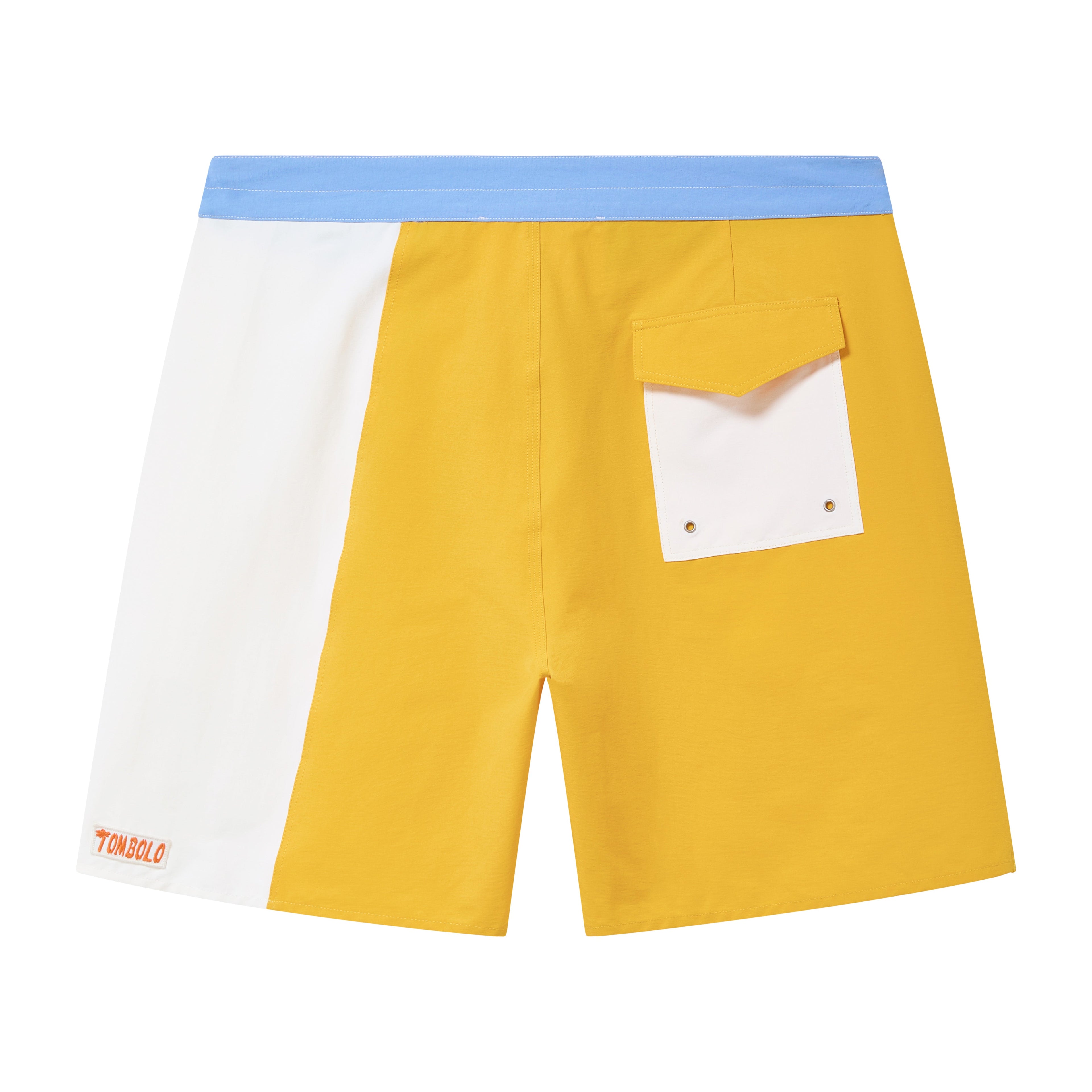 Color-blocked shorts with yellow, white, and blue sections on a white background