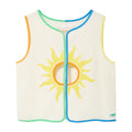 A cream-colored top featuring a yellow sun graphic on the front, bordered with colorful trim in blue, green, orange, and yellow, shown against a plain white background.