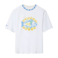 White t-shirt with a blue fish design on a white background
