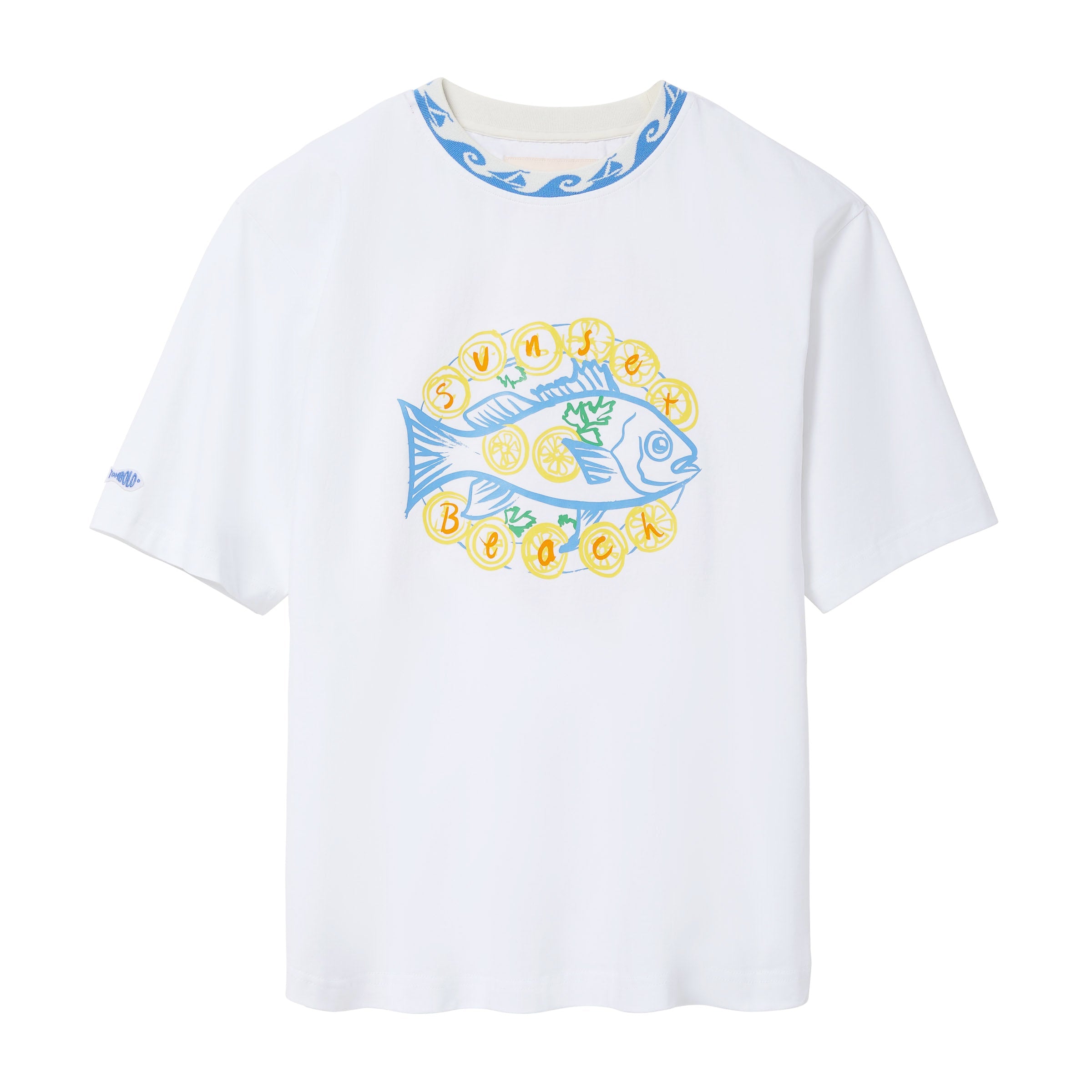 White t-shirt with a blue fish design on a white background